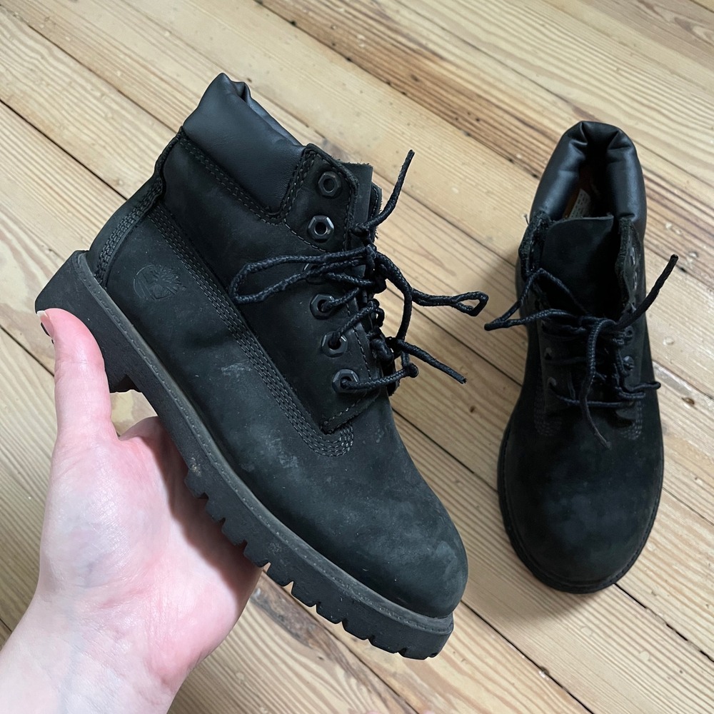 Timberland 6 Inch Premium Waterproof Boots Youth 1M Black Leather 12707 Lug Sole
